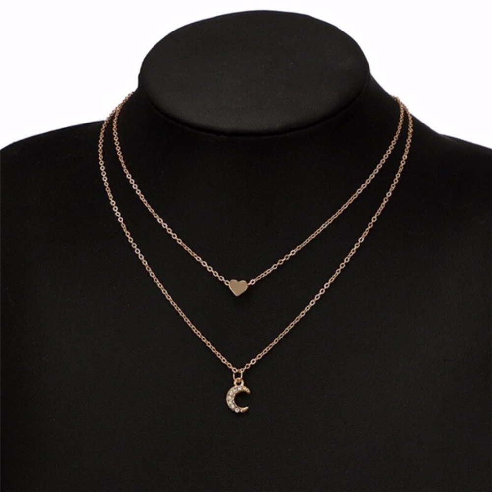 Gold Color Heart and Moon Multi-layer Necklace - Picture 4 of 7